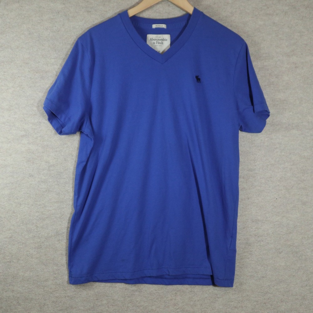 Abercrombie & Fitch V-Neck Shirt XXL Muscle Fit Y2K Blue Embroidered Moose Logo